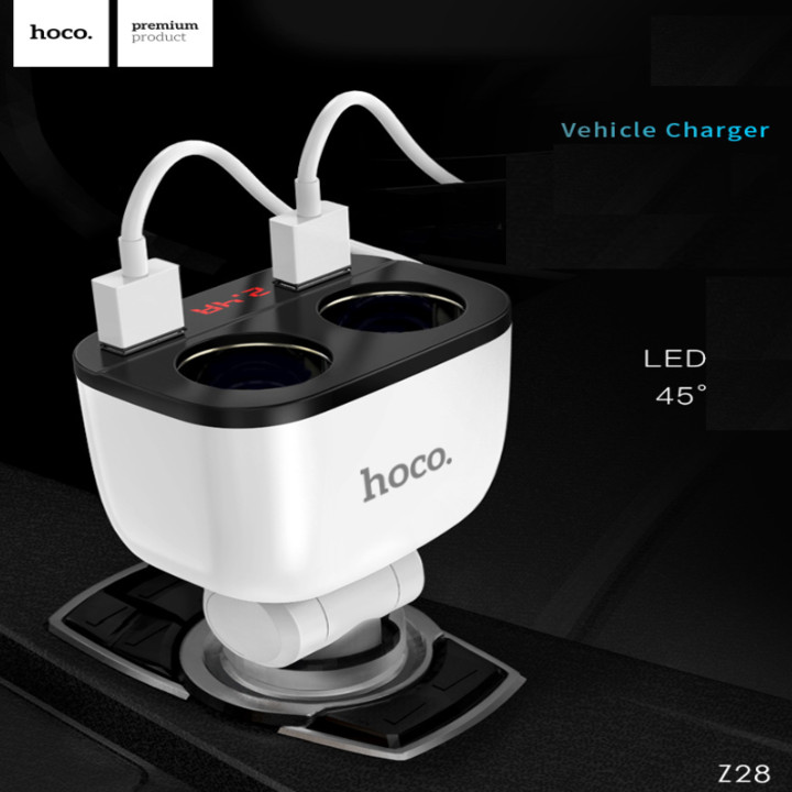 Bộ chia tẩu sạc dùng cho ô tô, xe hơi nhãn hiệu Hoco Z28 với 2 lỗ tẩu sạc kết hợp 2 cổng USB, Đầu vào: DC12 - 24V, Tổng đầu ra 2 cổng USB: DV5V/3.1A Max, Đầu ra 2 lỗ tẩu sạc: 80W Max.