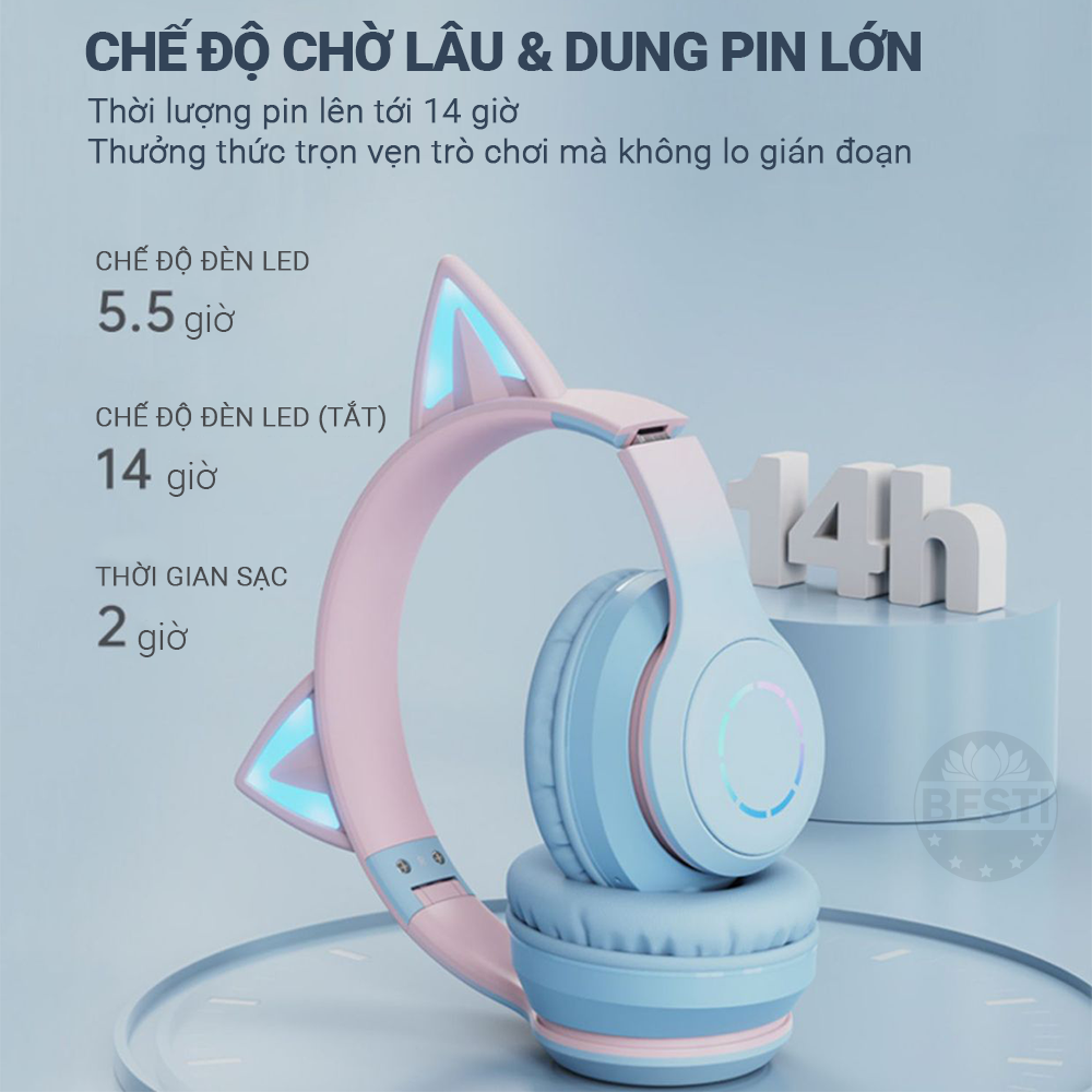 Tai Nghe Chụp Tai Bluetooth Không Dây Gaming, Tai Nghe Mèo Bluetooth Chụp Tai Có Mic Đàm Thoại Tiện Lợi, Tai Nghe Bluetooth Có Đèn LED , Pin Cực Khỏe Bluetooth 5.1 Cao Cấp - Hàng Chính Hãng Besti