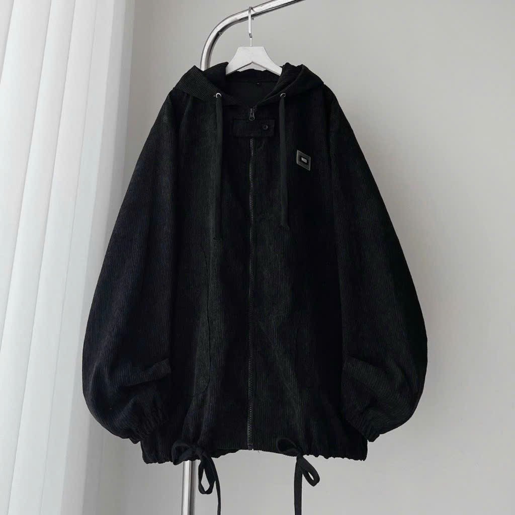 Áo Khoác Dây Kéo Nhung Gân Logo Cao Su WZS, Áo khoác hoodie zip tag WZS màu đen form rộng unisex nam nữ