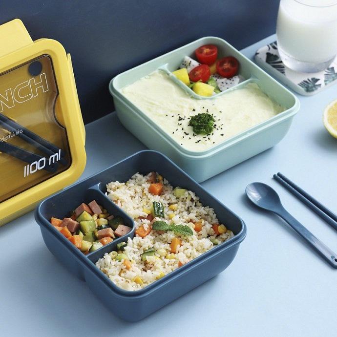 HỘP CƠM LÚA MẠCH 2 NGĂN GIỮ NHIỆT 1100ML - HỘP CƠM VĂN PHÒNG KÈM ĐŨA THÌA NẮP RON CHỐNG TRÀN CỰC TIỆN LỢI