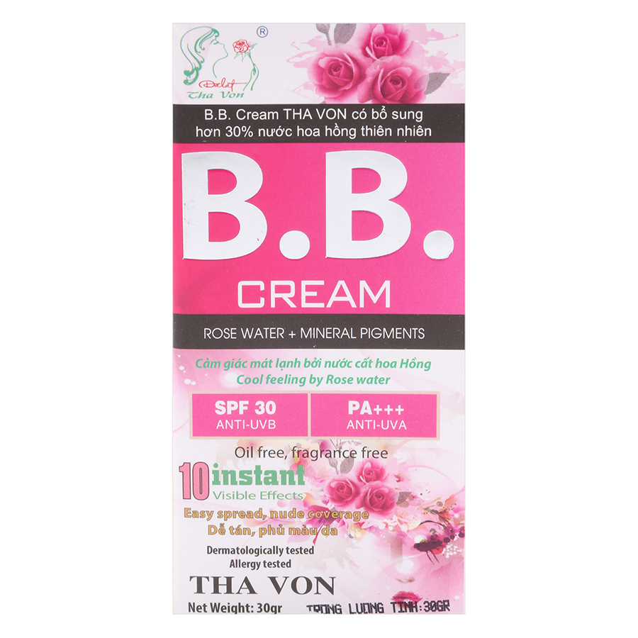 BB Cream Hoa Hồng /Tha Von (30g) da mặt bạn sáng rực rỡ hơn , làm mờ vết nám , che khuyết điểm ,  da mịn màng hơn , quà tặng 1 tupe BB cream Lavender 5 gam Dưỡng da , se khít lỗ chân lông do tác dụng của nước cất hoa hồng thiên nhiên