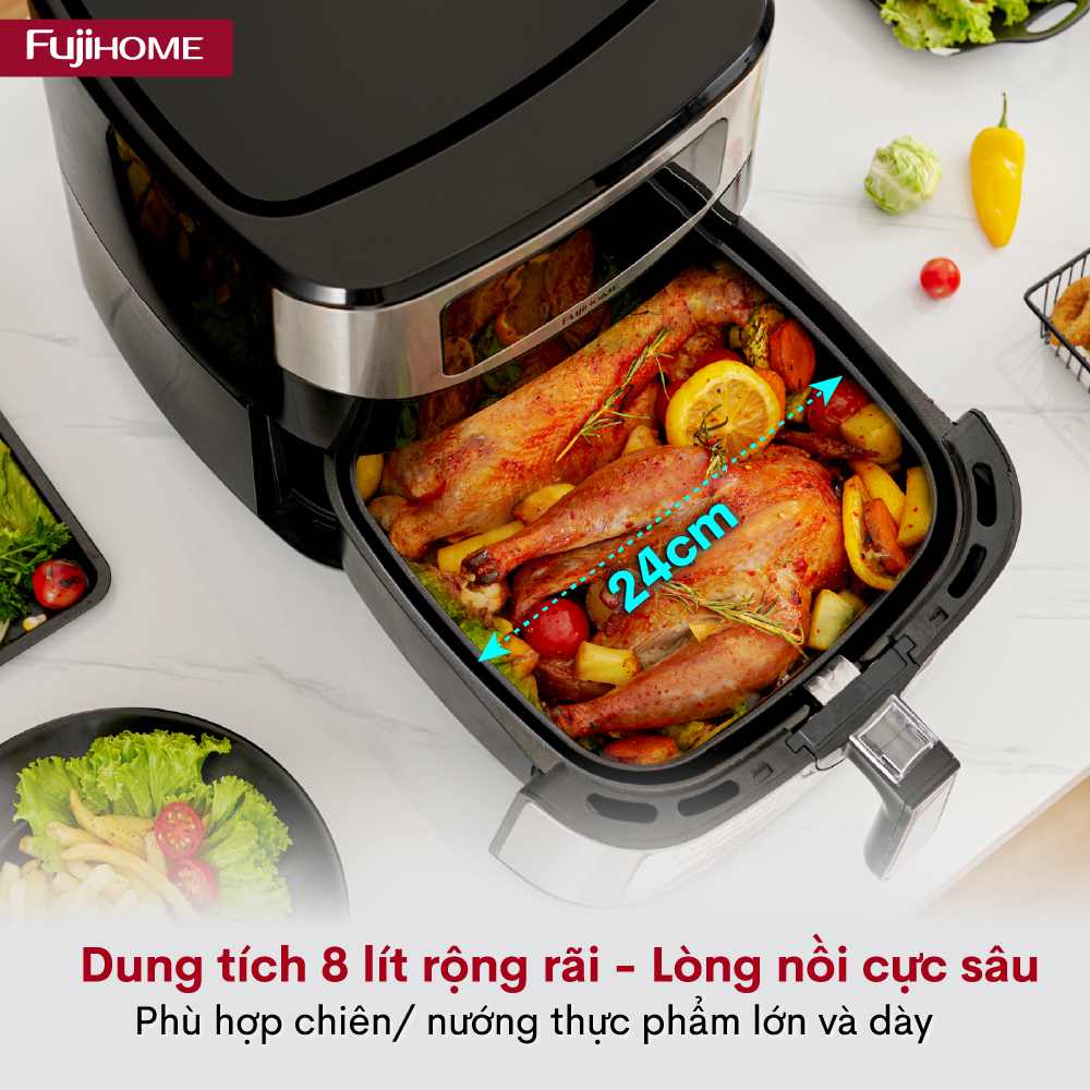 Nồi chiên không dầu 8L điện tử Fujihome Nhật Bản tự ngắt (đi kèm gắp), Lò chiên nướng không khí ko dầu cơ không hơi nước air fryer 8 lít - Hàng Nhập Khẩu