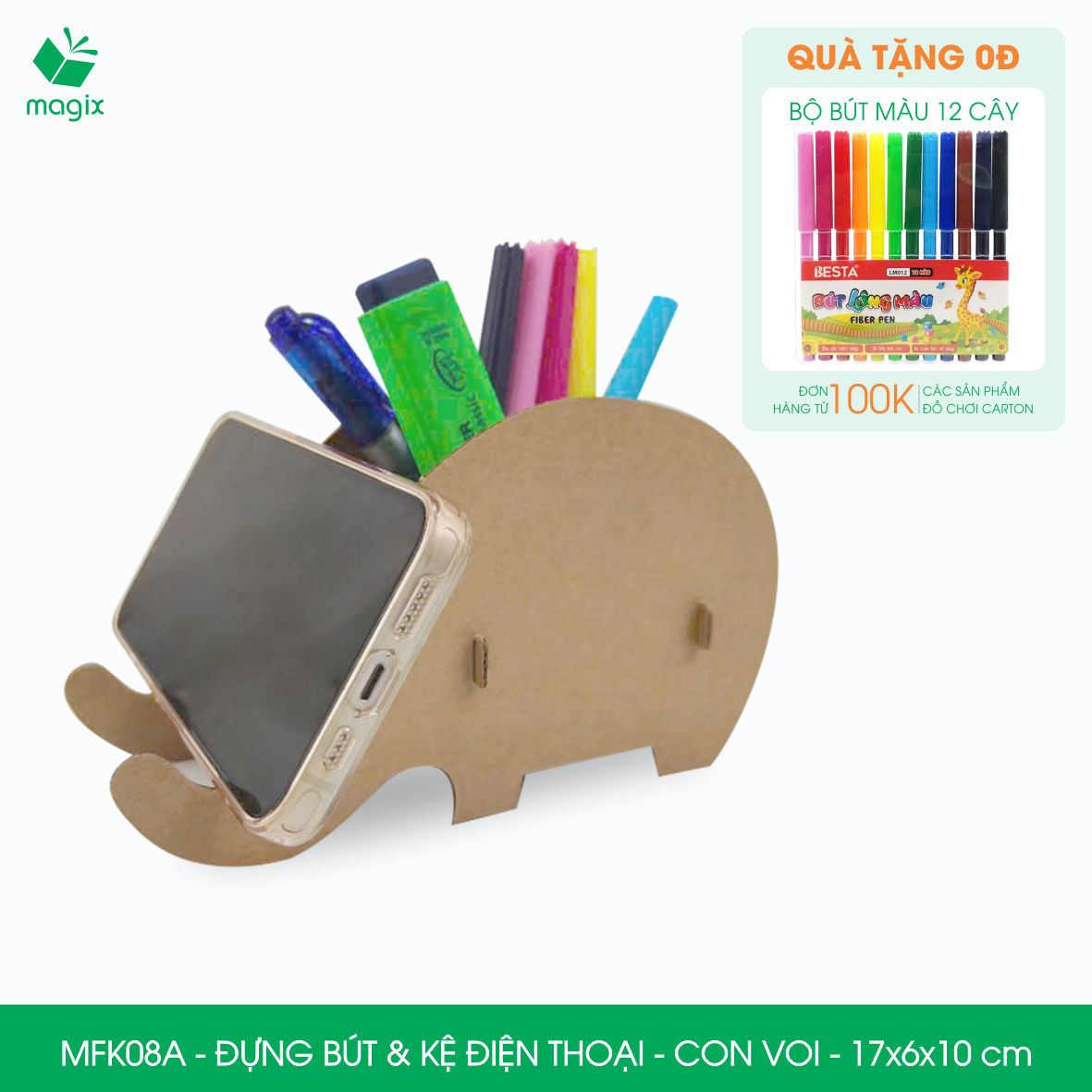 MFK08A - Đựng bút &amp; kệ điện thoại bằng giấy carton - Hộp bút kiểu dáng Con voi - 17x6x10 cm