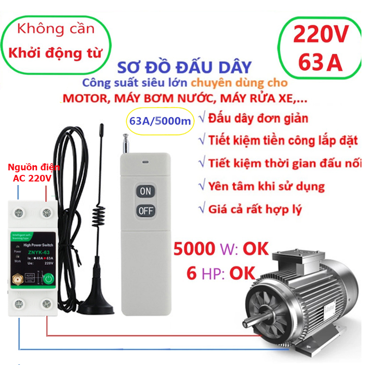 Công tắc điều khiển từ xa rf công suất lớn 63A (5000W) tầm xa 5000m điều khiển từ xa máy bơm nước, công tắc máy bơm