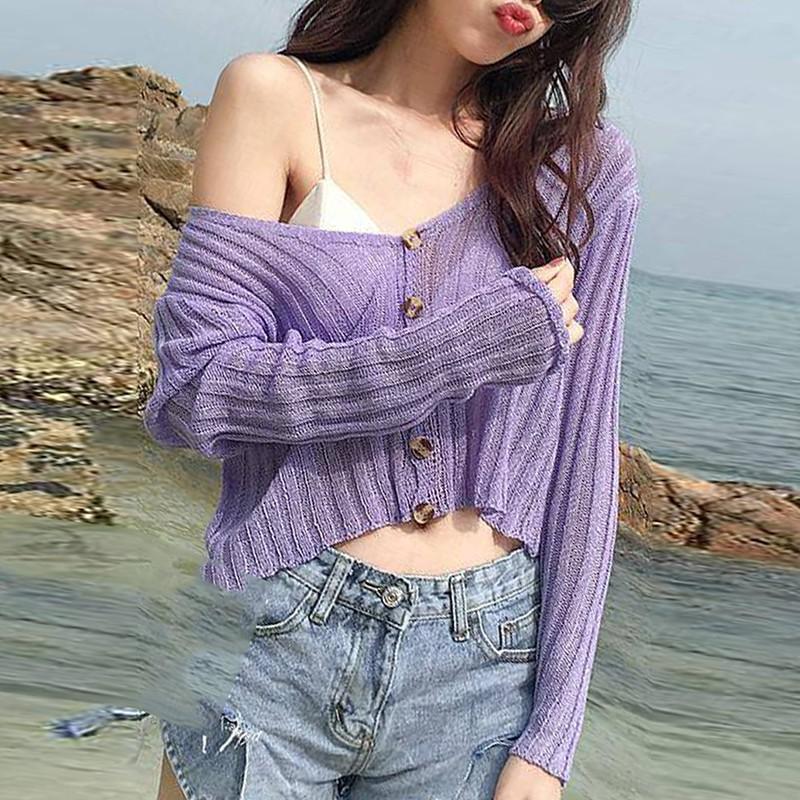 Áo Cardigan dệt kim mỏng tay dài cổ chữ V chống nắng