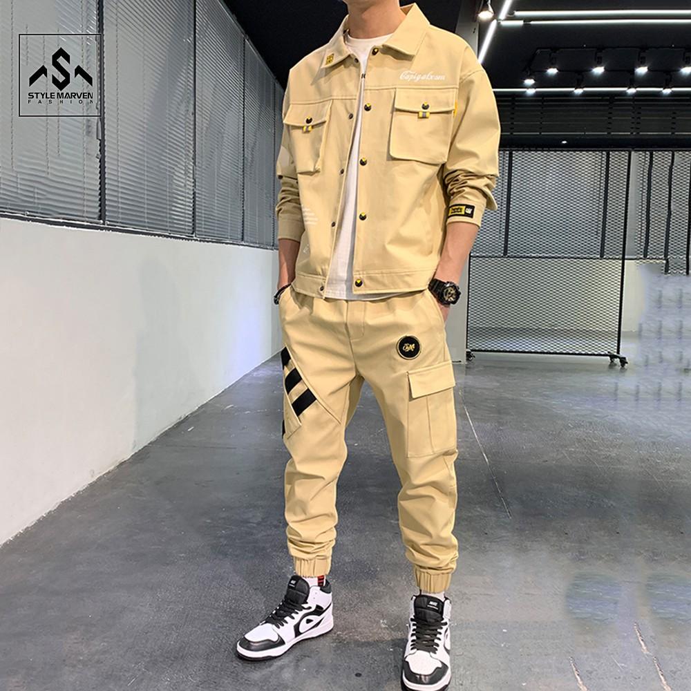 Bộ đồ nam kaki dài tay cổ bẻ túi hộp kết hợp quần jogger sọc bo gấu cá tính STYLE MARVEN - SET NAM 90000124