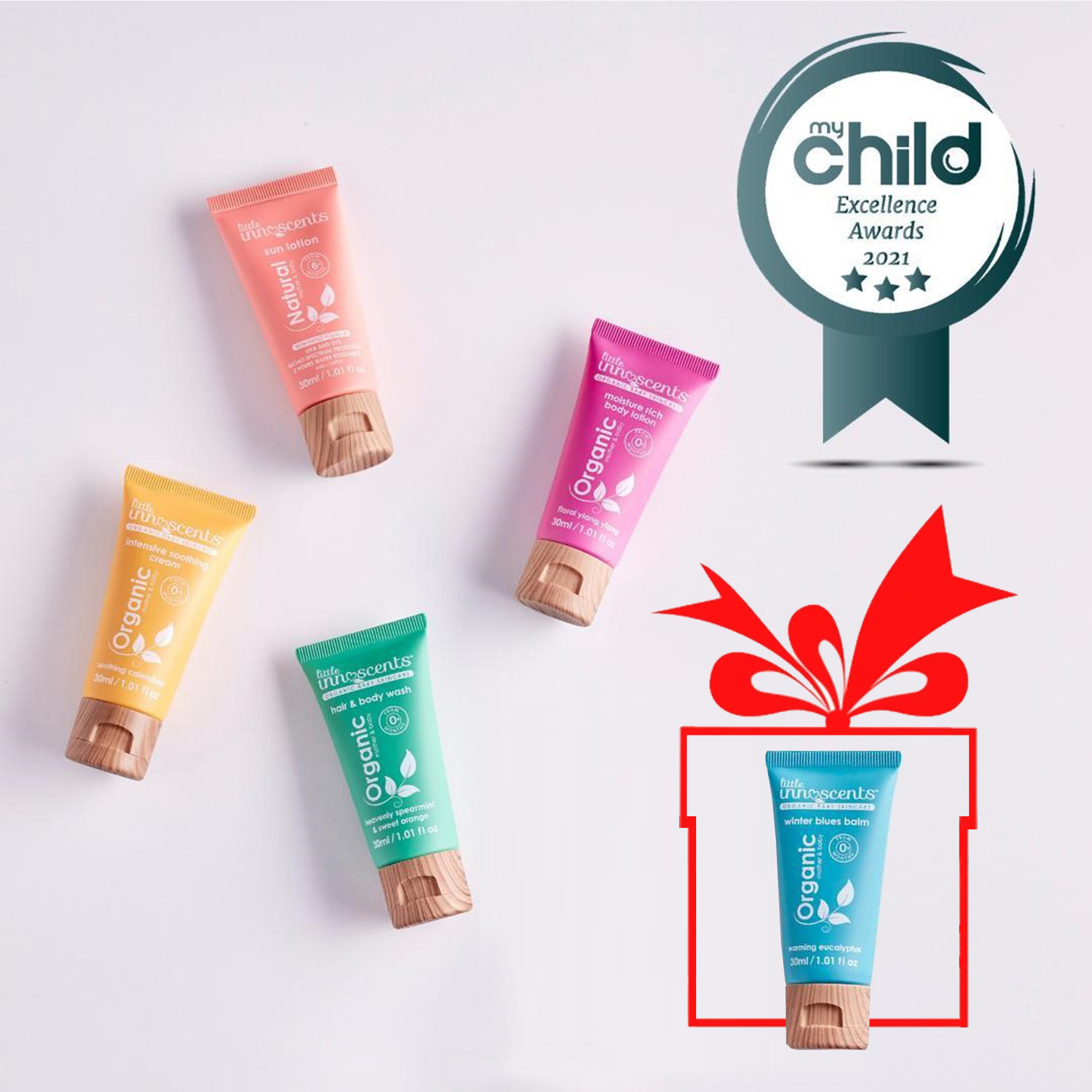 Combo 04 Sản Phẩm Chăm Sóc Da Cho Em Bé - Little Innoscents 30ml Tặng 01 Kem Giữ Ấm Mùa Đông Hữu Cơ 30ml