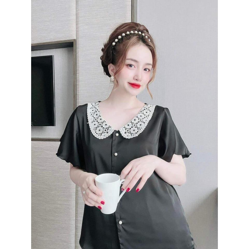 Đồ Mặc Nhà Quần Ngắn, Đồ Bộ Nữ Cổ Ren Tay Xòe Chất Lụa LATIN CAO CẤP, Ít Nhăn, Phom Dưới 56kg