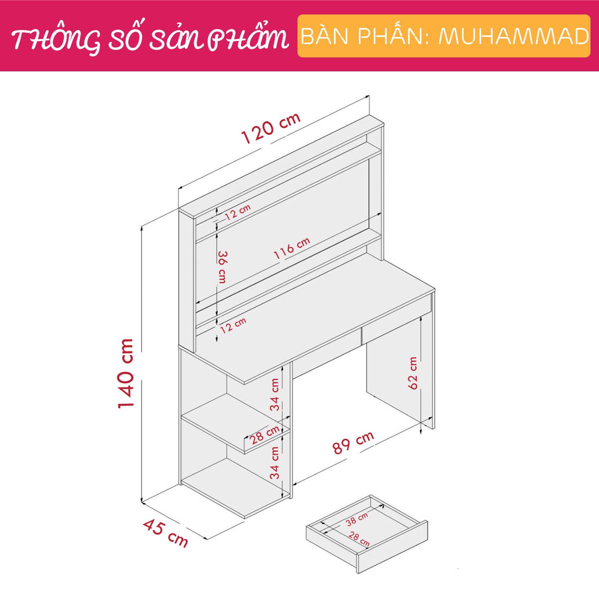 Bàn trang điểm gỗ hiện đại SMLIFE Muhammad | Gỗ MDF dày 17mm chống ẩm | D120xR45xC140cm