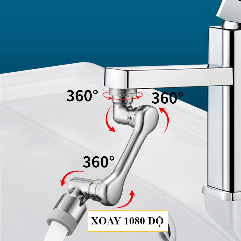 Đầu Nối Vòi Nước Thông Minh Xoay 1080 độ 3 Khúc Chất Liệu Inox Cao Cấp Lõi Nhôm Đầu Đồng 2 Chế Độ Nước Tiện Dụng