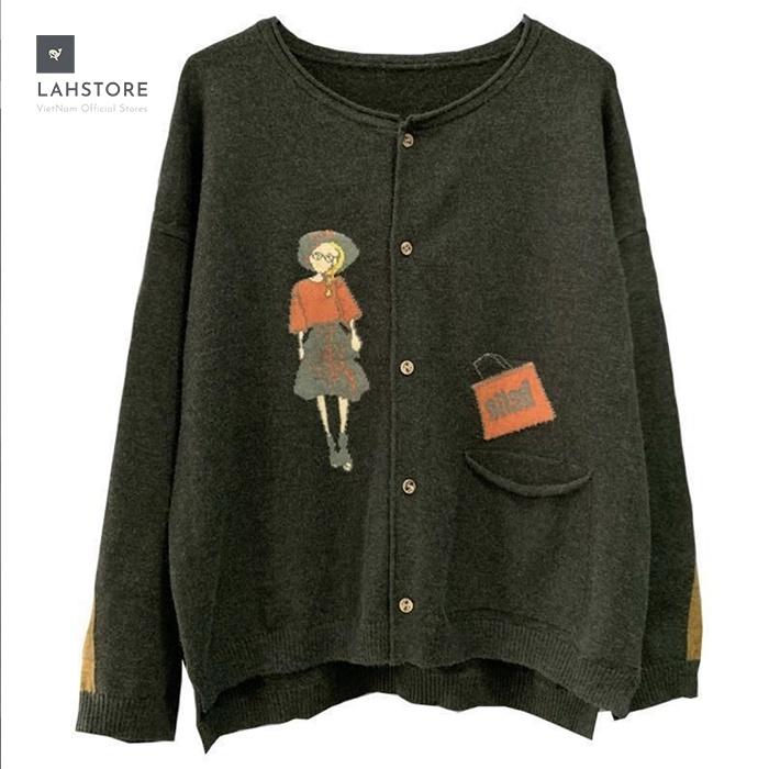 Áo khoác cardigan len nữ thêu hình cô gái LAHSTORE thu đông 2021