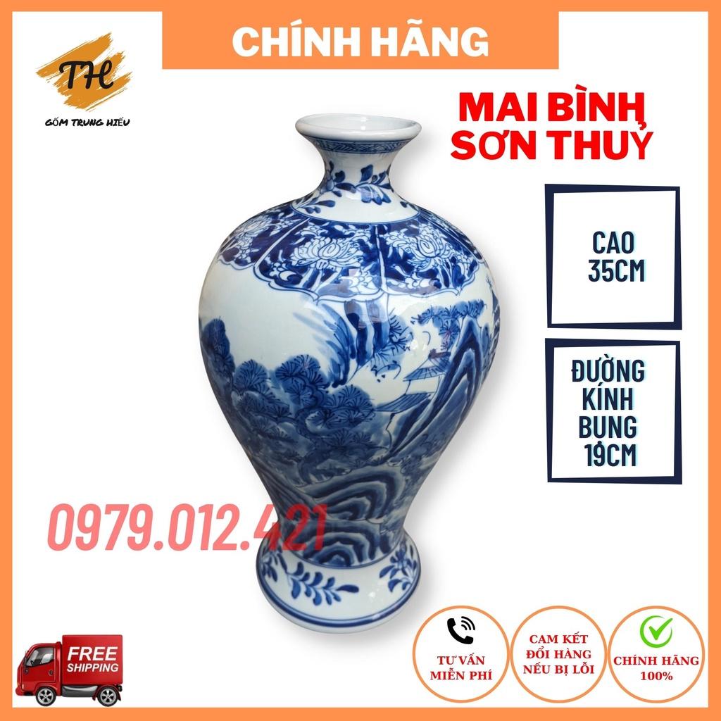 Mai bình hút lộc Bát Tràng họa tiết Sơn Thuỷ vẽ thủ công cao 35cm, đường kính 19cm