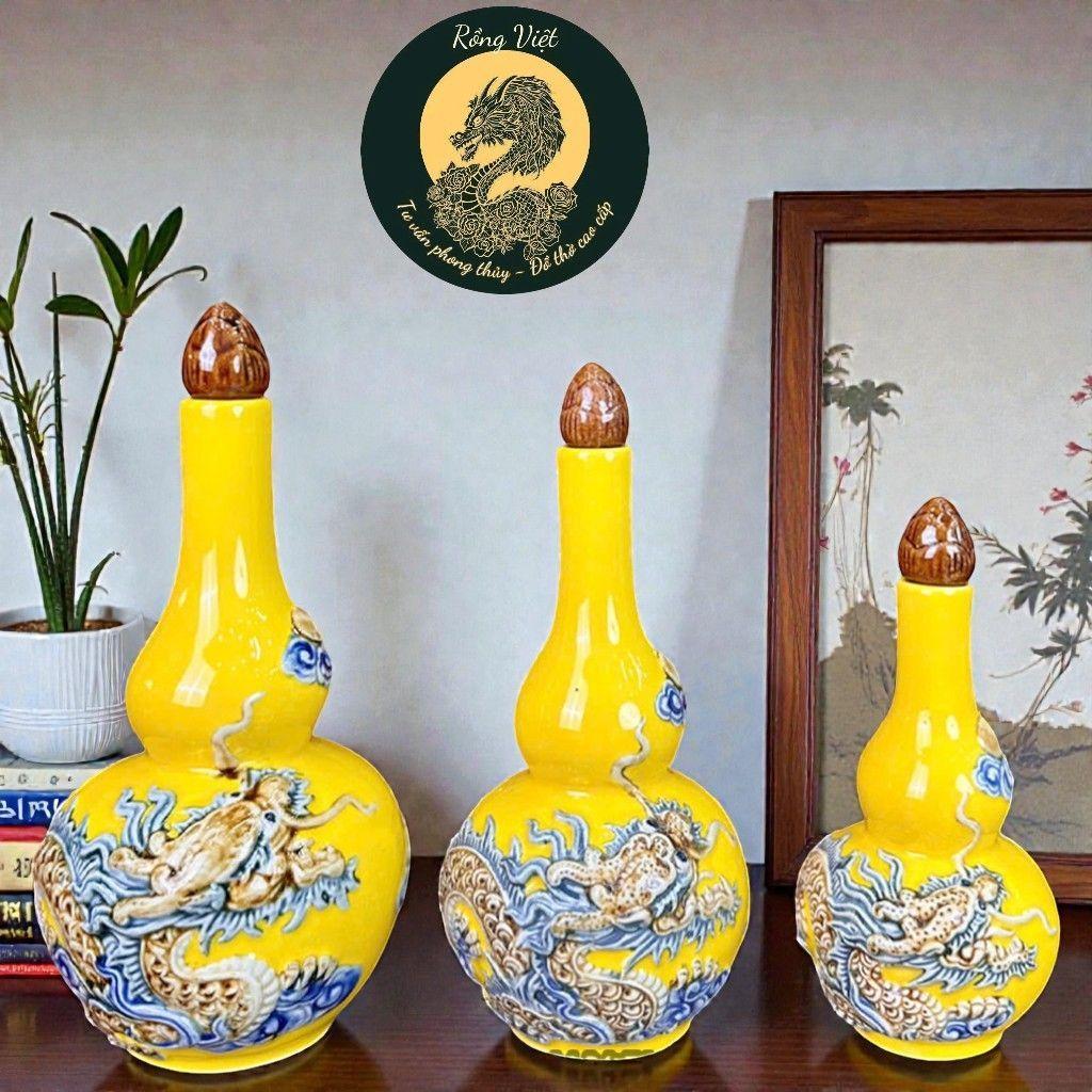 Nậm Rượu Đắp Nổi Bát Tràng Men Vàng RỒNG VIỆT –Trang Trí Bàn Thờ Gia Tiên, Thần Tài, Gốm Bát Tràng