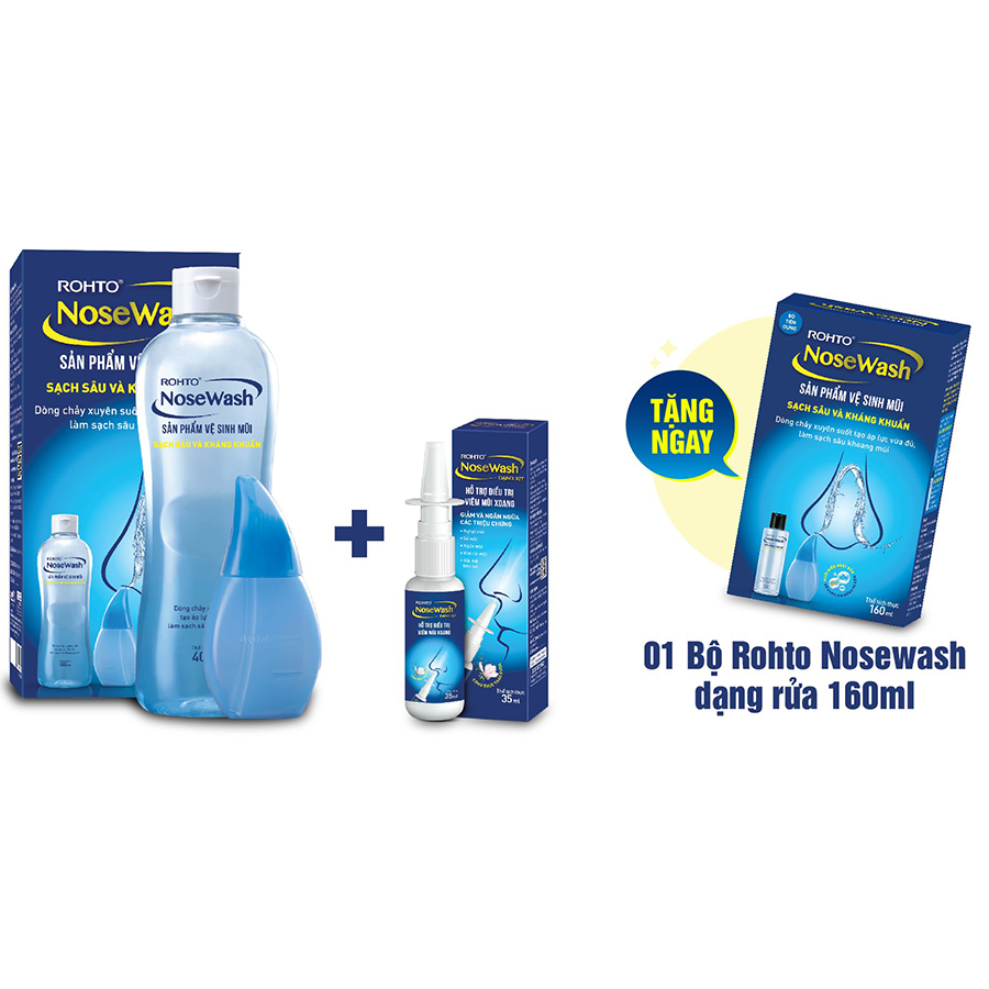 Bộ sản phẩm vệ sinh mũi Rohto NoseWash 400mL + Xịt hỗ trợ điều trị viêm mũi xoang Rohto NoseWash Spray 35ml + Tặng Bộ tiện dụng vệ sinh mũi Rohto NoseWash Miniset