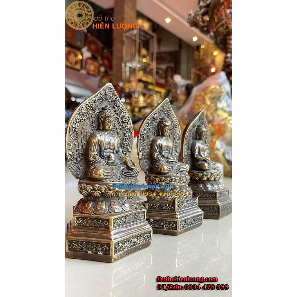 Bộ Tượng Đồng Tam Thế Phật, Tam Thánh Ngồi Bằng Đồng Màu Giả Cổ