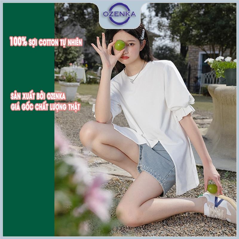 Áo thun nữ rộng tay lỡ oversize sẻ gấu OZENKA , áo phông cộc tay cổ tròn chất cotton dày đen trắng giá rẻ