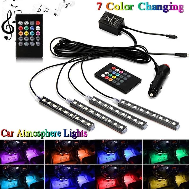 Set of 4 Contro RGB Wireless Colorful Lights Strip Lights RGB 12LED Car Interior Decoration