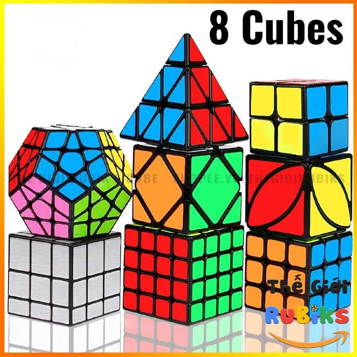 Hot Set 8 Rubik Sticker Viền Đen 2x2, 3x3, 4x4, Tam Giác, 12 Mặt, Mirror Gương bạc, Windmill, Ivy Cube