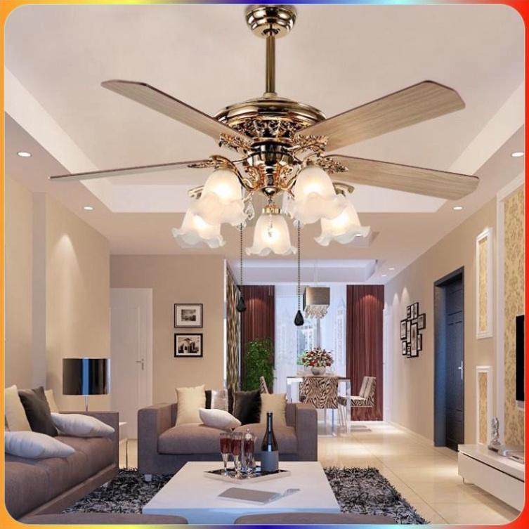 Quạt Trần Đèn 5 Cánh Gỗ Lõi Đồng Phong Cách Tân Cổ Điển,Tặng Bộ Điều Khiển Từ Xa,Động Cơ DC 6 Tốc Độ