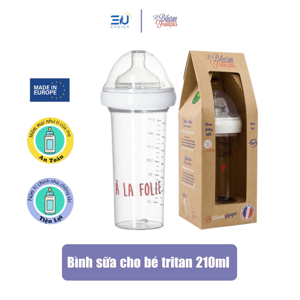 Bình sữa cho bé tritan LE BIBERON FRANCAIS nhâp khẩu Pháp 210ml chống sặc, núm ti mềm, chỉnh nha