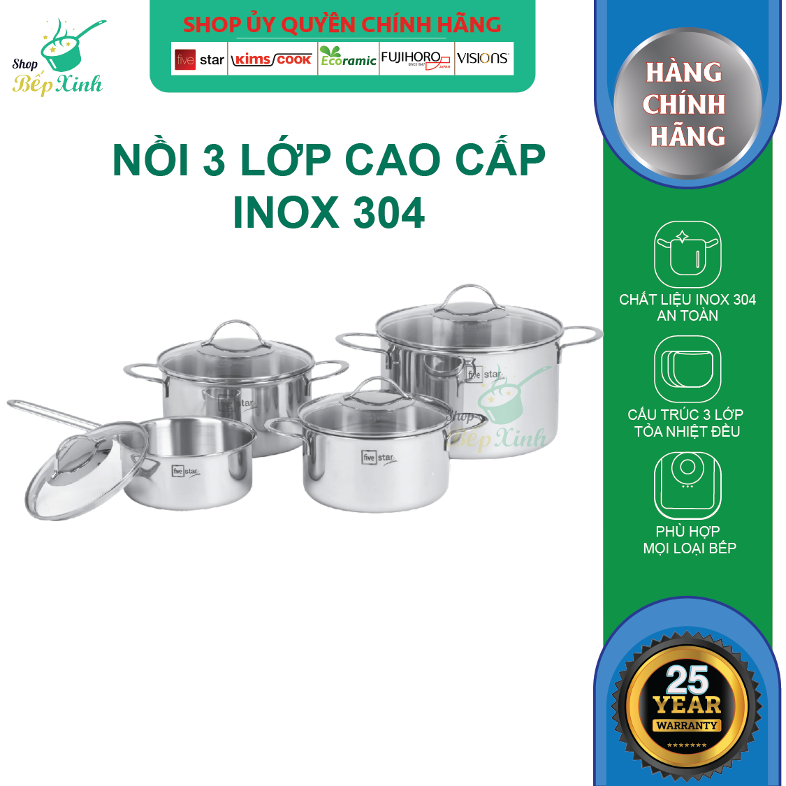 Bộ nồi quánh inox 304 cao cấp Fivestar Plush 3 lớp đúc liền đáy từ , quai oval , nắp kính