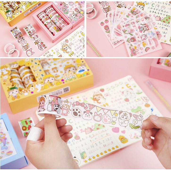 Hộp 10 Washi Tape 10 Sticker Cô Bé Cute Dễ Thương Băng Keo Dính Hình Dán Stickers Trang Trí Sổ Tay Xinh