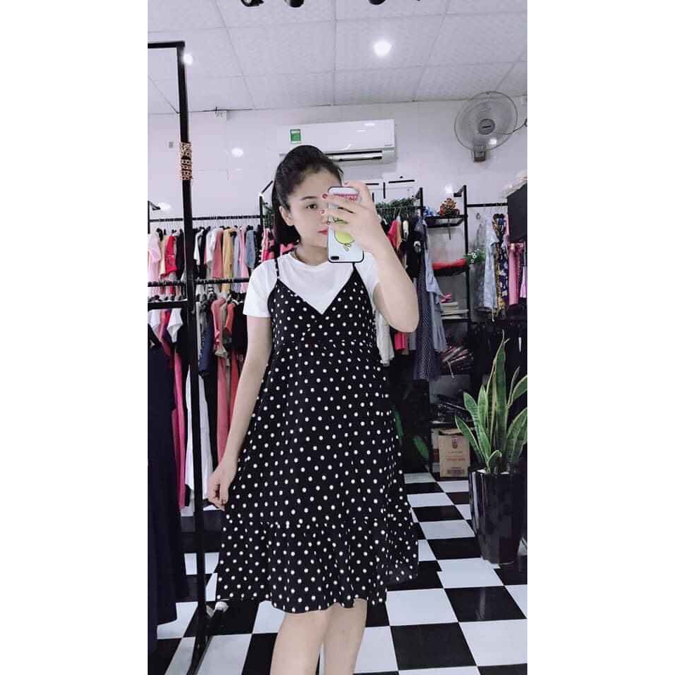 Váy bầu chấm bi hai dây dài mới