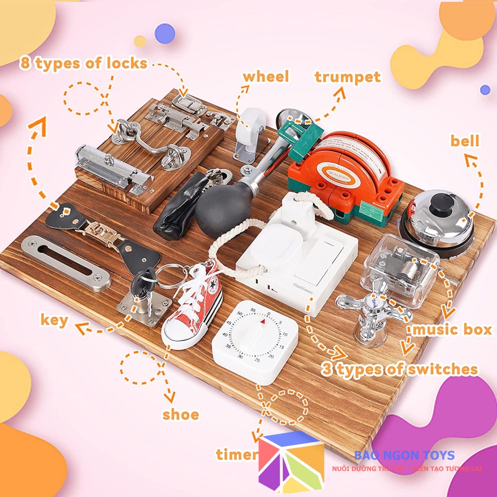 Bảng bận rộn montessori giúp bé học hình dạng, màu sắc và phát triển vận động tinh, busy board cho bé - BAO NGON TOYS - DG146B