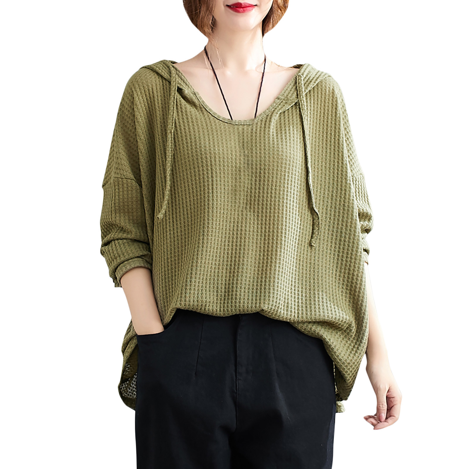 Women Hoodie Drawstring Long Sleeve Solid Color Loose Hooded Sweater Knit Pullover Casual Spring Autumn Plus Size