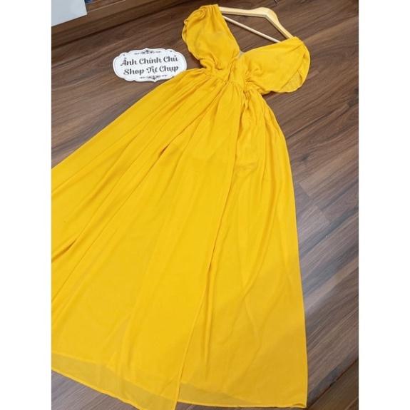 Đầm váy Maxi Vintage voan lót lụa vàng đỏ cổ V đi biển dự tiệc dạo phố bigsize gợi cảm sexy