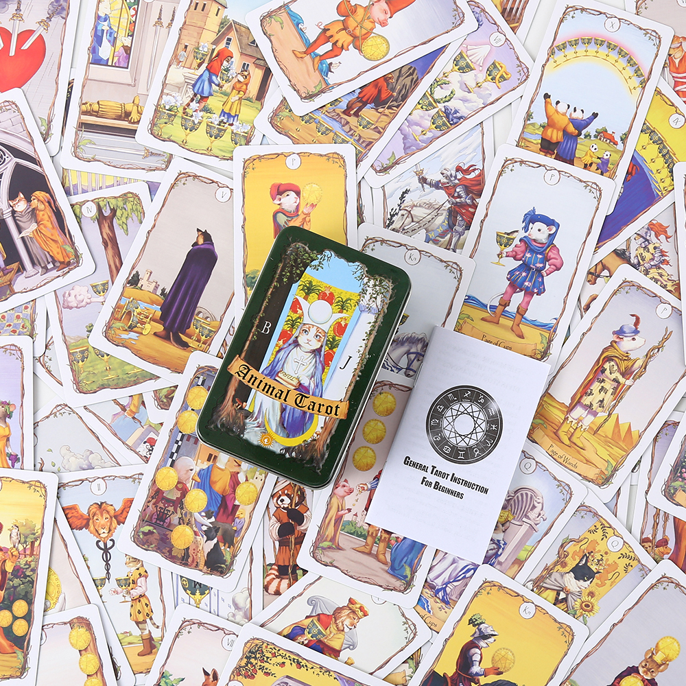 Bộ Bài Animal Tarot Hộp Thiếc 78 Lá 98x58 Mm Tặng Đá Thanh Tẩy