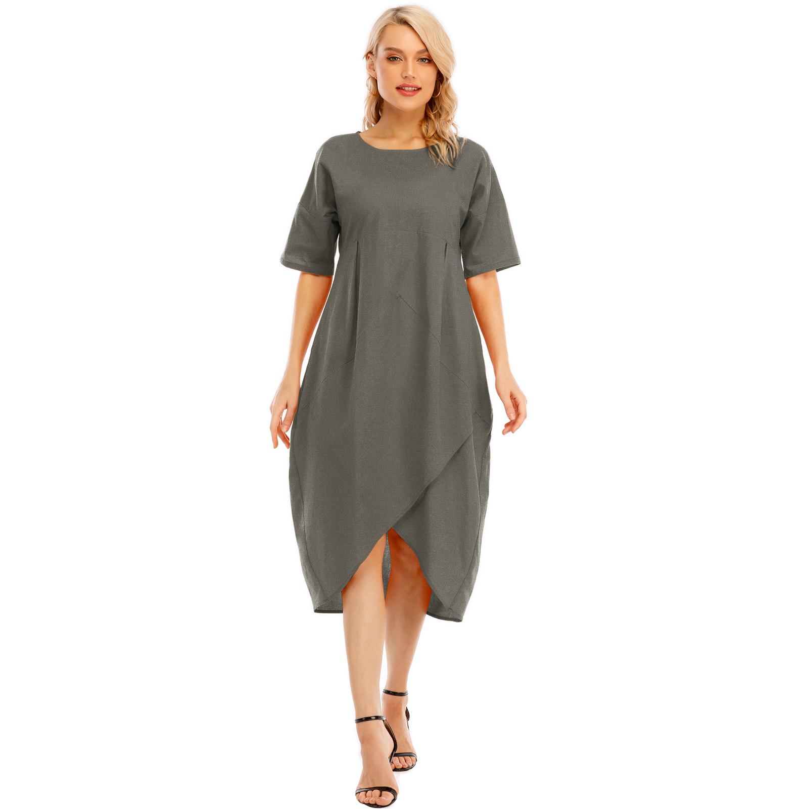 Fashion Women Dress O Neck Short Sleeve High Waist Asymmetrical Hem Pockets Casual Loose Dress