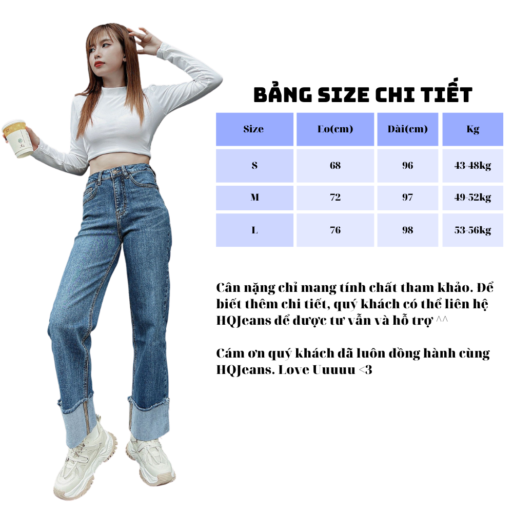 Quần jeans nữ HQJeans dáng suông ống rộng thiết kế gấp ngược gấu mới lạ phong cách thời trang trang nhã