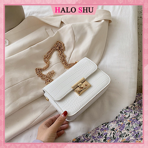 Túi xách nữ, túi đeo chéo dây xích khóa Miu da vân bóng sang trọng HALO SHU size 20 mã DX003 đen trắng