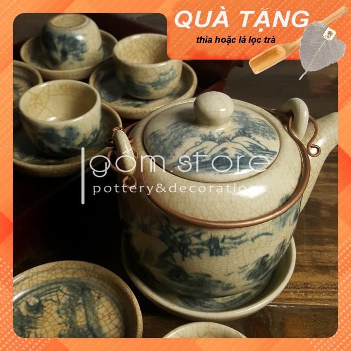 Ấm chén men giả cổ dáng vại vẽ sơn thủy