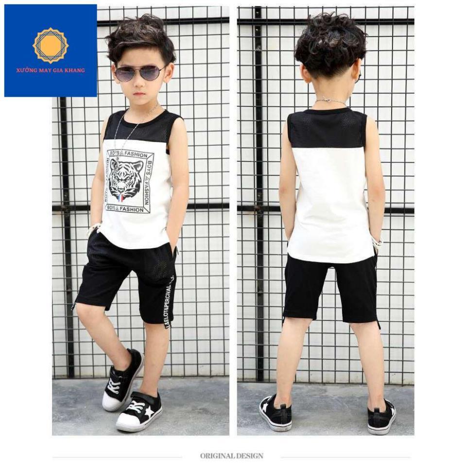 Đồ bộ quần áo thun bé trai sát nách, phối lưới in cọp, thun cotton thoải mái vận động - Quần áo trẻ em.