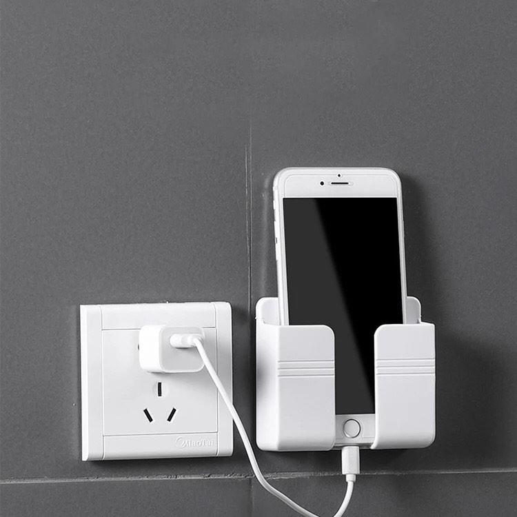 Kệ Dán Tường Để Remote, Đồ Dùng/ Giá Đỡ Sạc Điện Thoại - Có Móc Treo Giữ Dây Điện