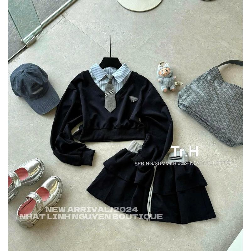 Set nỉ Miu kèm cà vạt siu xinh BY JOLIE - Ghi