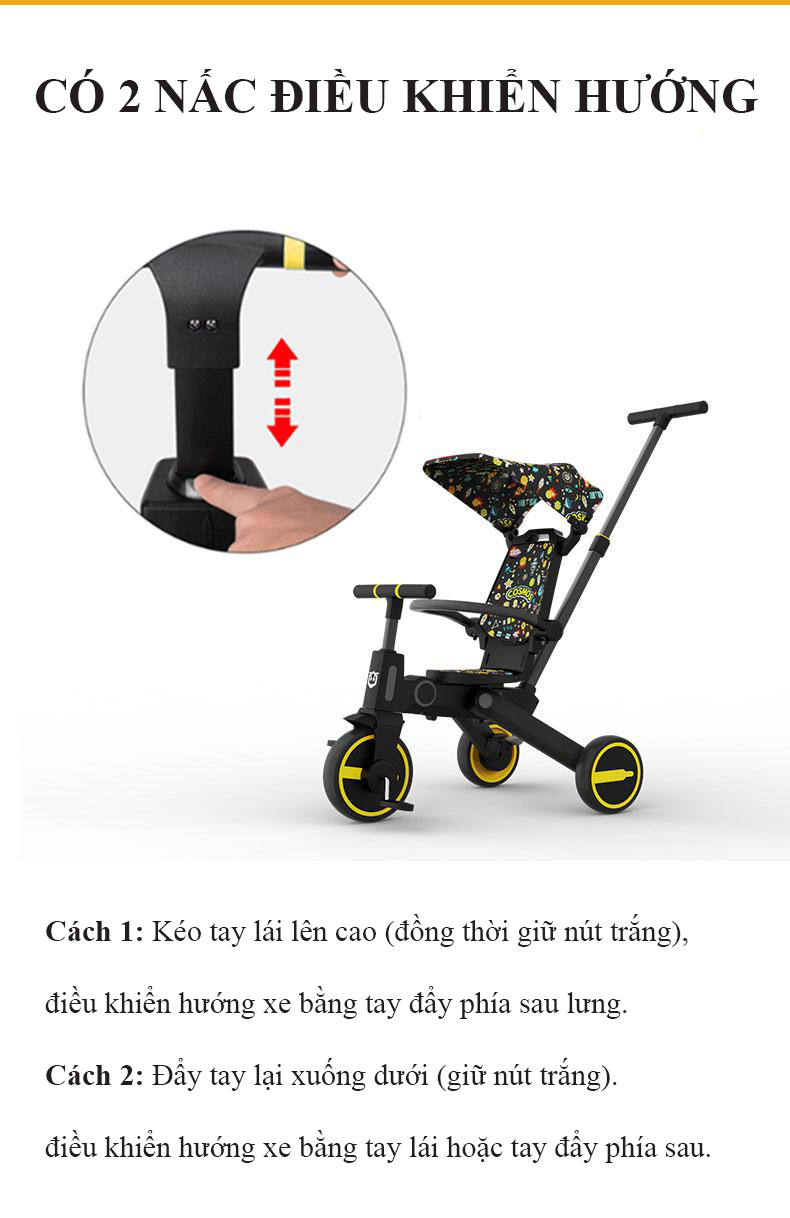 Xe  đẩy 3 bánh hai chiều kiêm xe chòi chân cho bé gấp gọn, dành cho bé từ 1 - 5 tuổi Trọng tải 40kg, siêu nhẹ 6kg