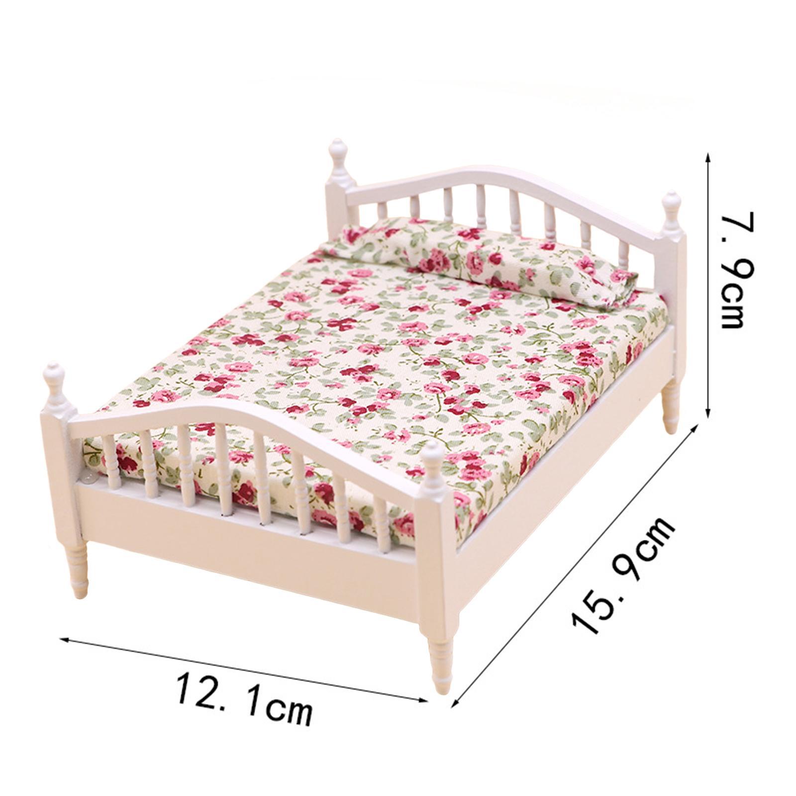 Dollhouse Miniature Bed Single Bed Model DIY Scene Model White and Pink