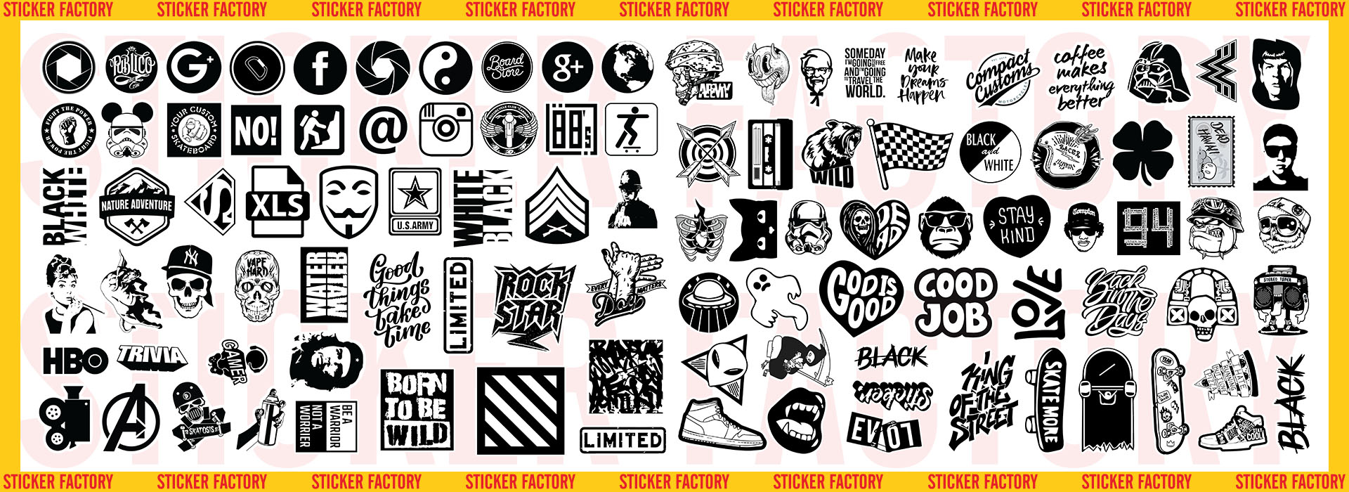 Black White - Set 100 sticker decal hình dán nón bảo hiểm, laptop, xe máy, ô tô - STICKER FACTORY