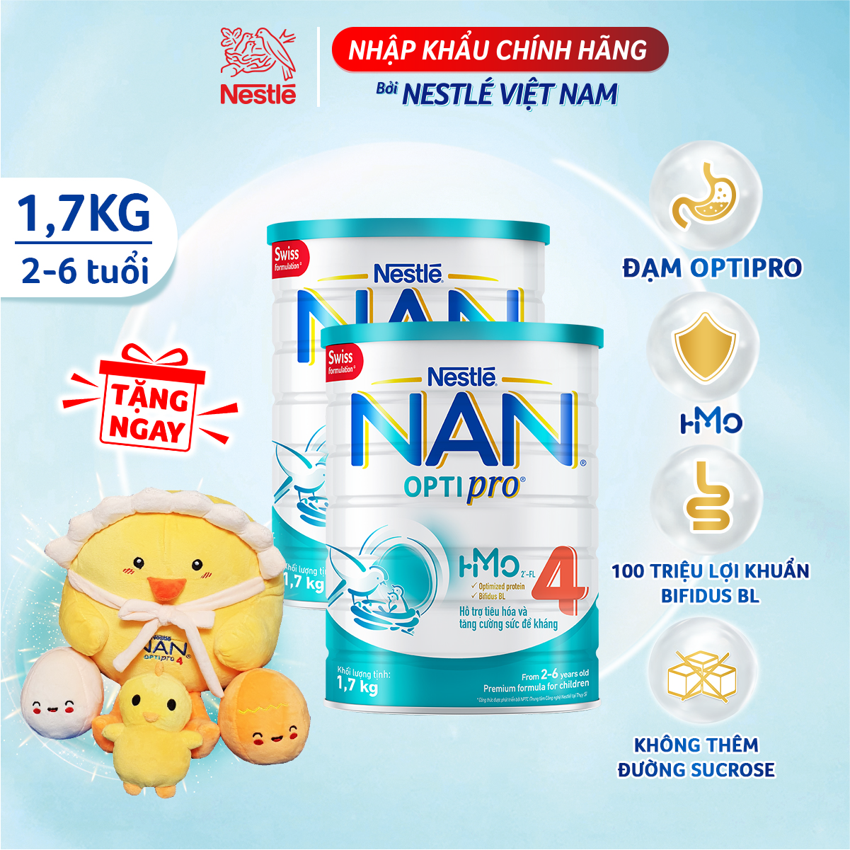 Combo 2 lon NAN OPTIPRO 4 1.7kg + Tặng Gấu bông gà mái ấp trứng