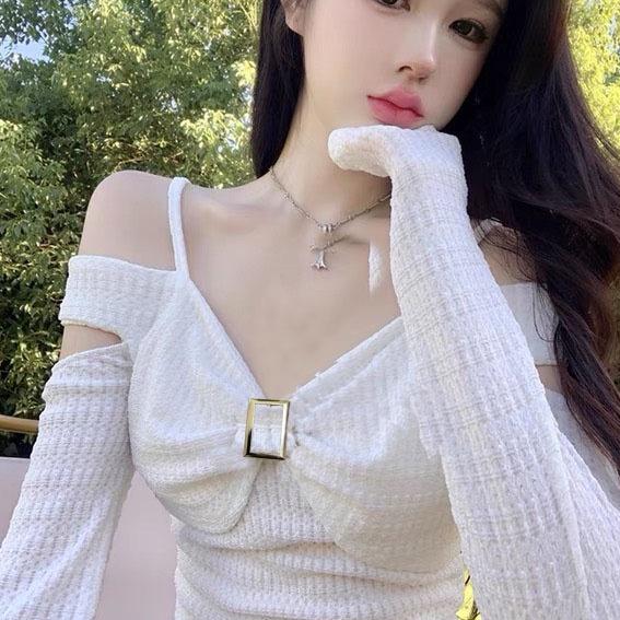 Áo croptop tay dài HAGA áo trễ vai nơ ngực sang trọng ATVN70