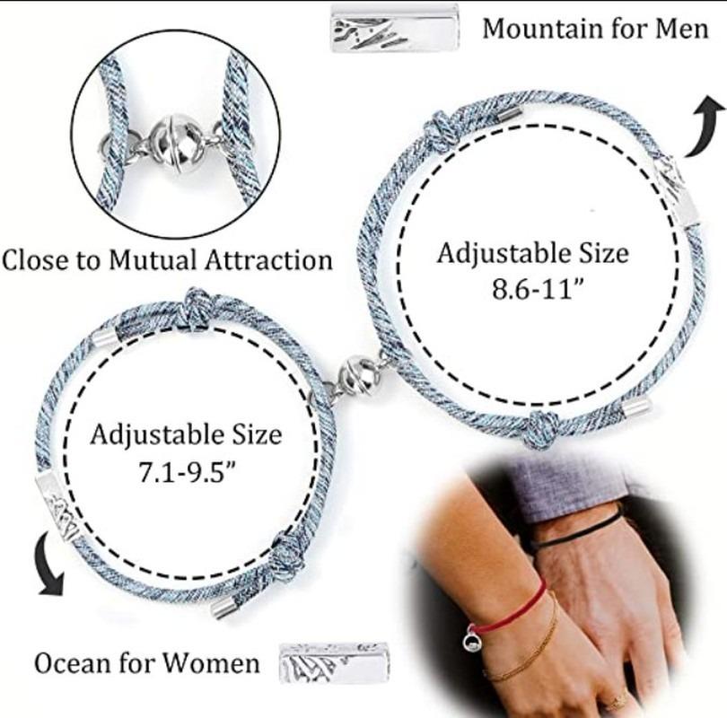 2pcs Custom Magnet Bracelets for Couples Creative Lovers/Adjustable Rope Handmade Bangles Jewelry Christmas Gift