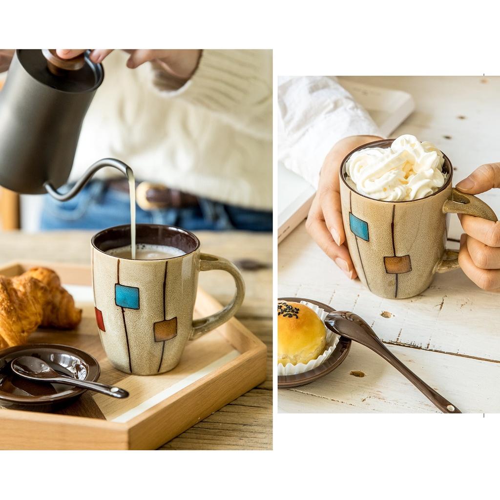 Cốc sứ uống cafe họa tiết ô vuông vintage 350ml kèm nắp và thìa