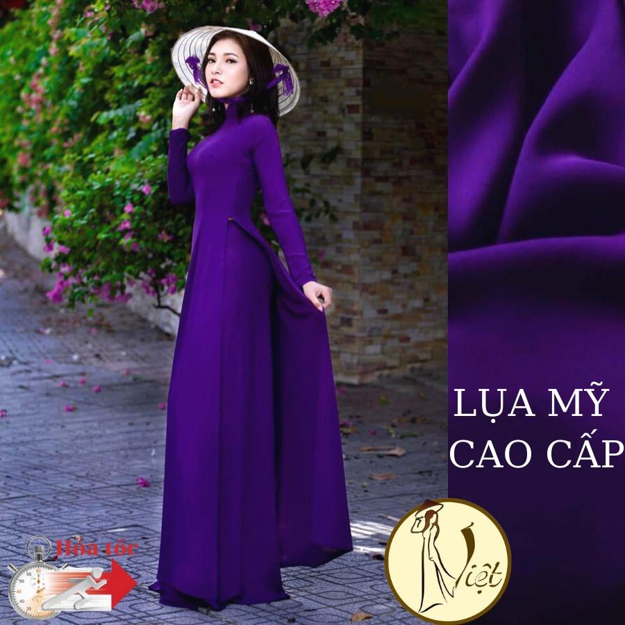 Áo dài tím huế đậm trơn truyền thống may sẵn lụa mỹ cao cấp