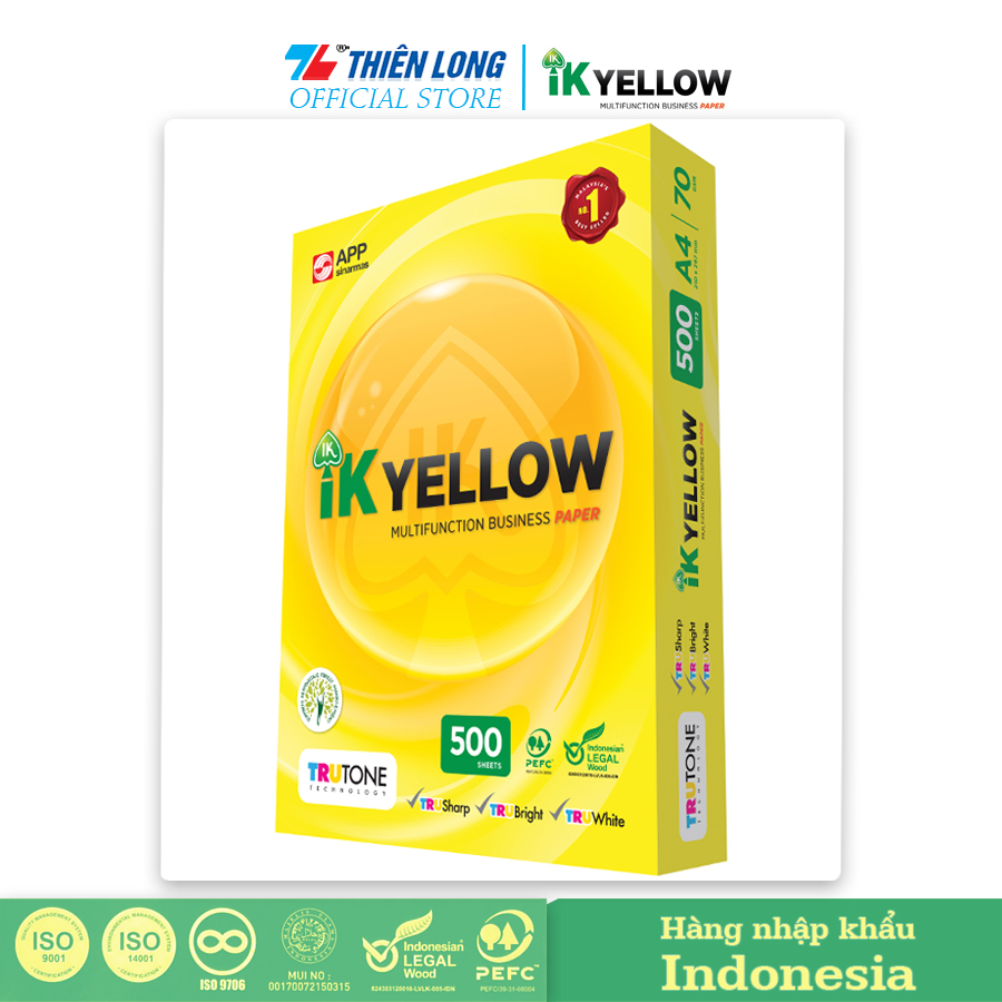 Ream giấy IK Yellow đa năng A4 70 gsm - Hàng nhập khẩu Indonesia