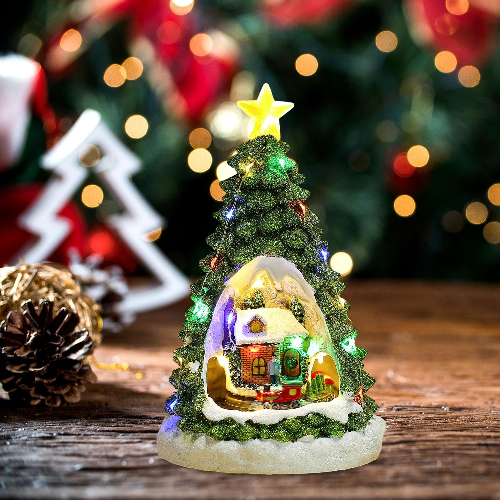 Christmas Tree Glowing House Holiday House Xmas Music Ornament Rotating Train Figurine Statue for Home Living Room Decoration