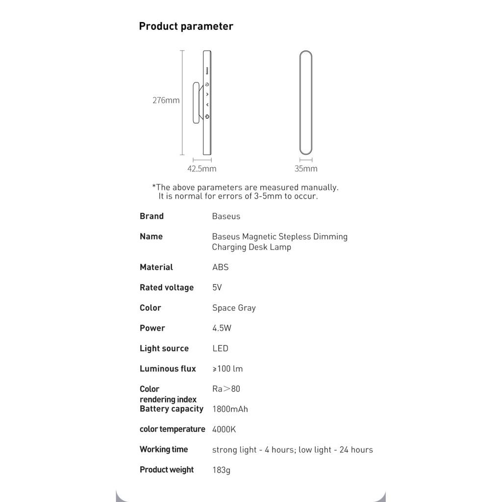 Đèn treo đế hít nam châm Baseus Magnetic Stepless Dimming Charging Desk Lamp (1800mAh ,4000K, 24h sử dụng liên tục)- hàng chính hãng.