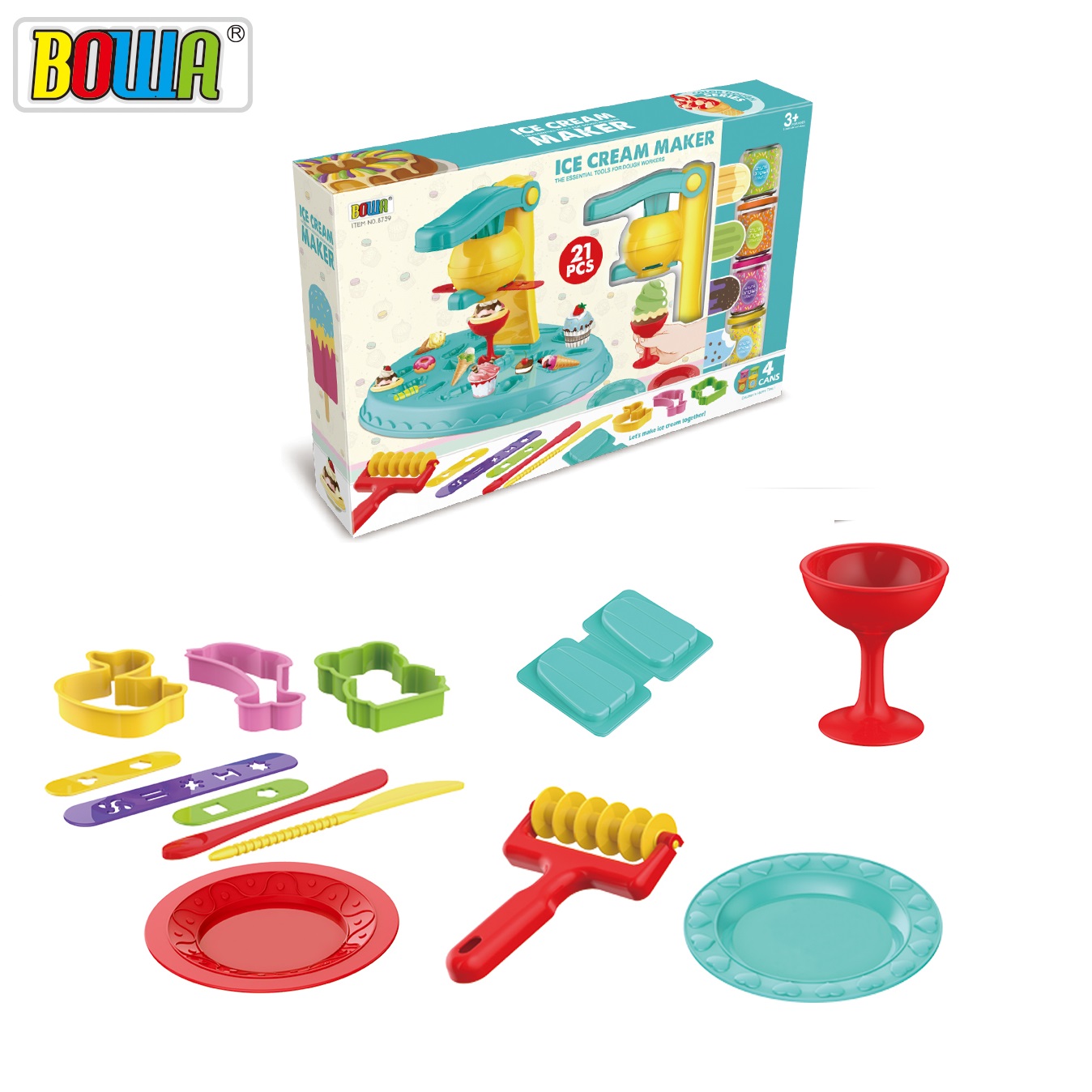 Bộ Đồ Chơi Đất Sét 21 Chi Tiết Chủ Đề Máy Làm Kem - Ice Cream maker Color Dough Set Bowa 8739